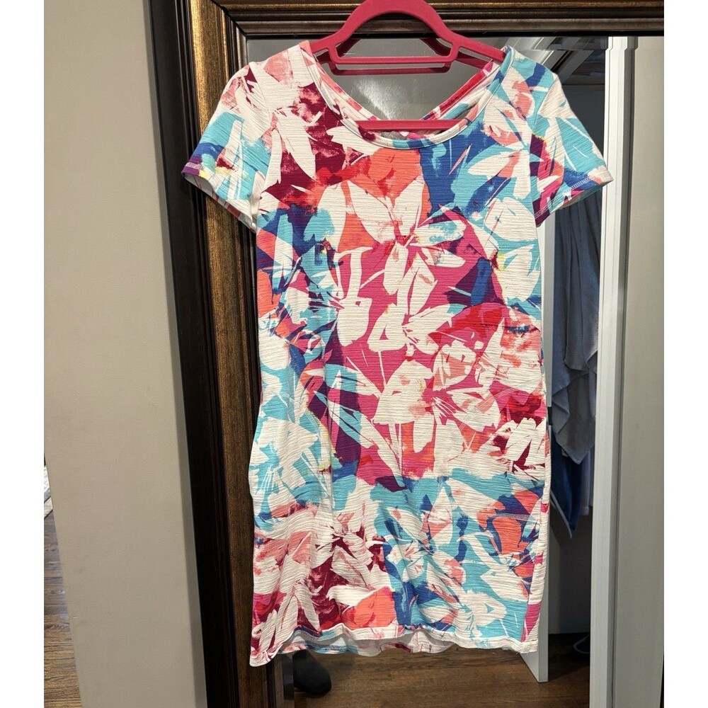 T by Talbots XS Floral Knit Shift Dress Boat Neck Keyhole Stretch Knee Pink